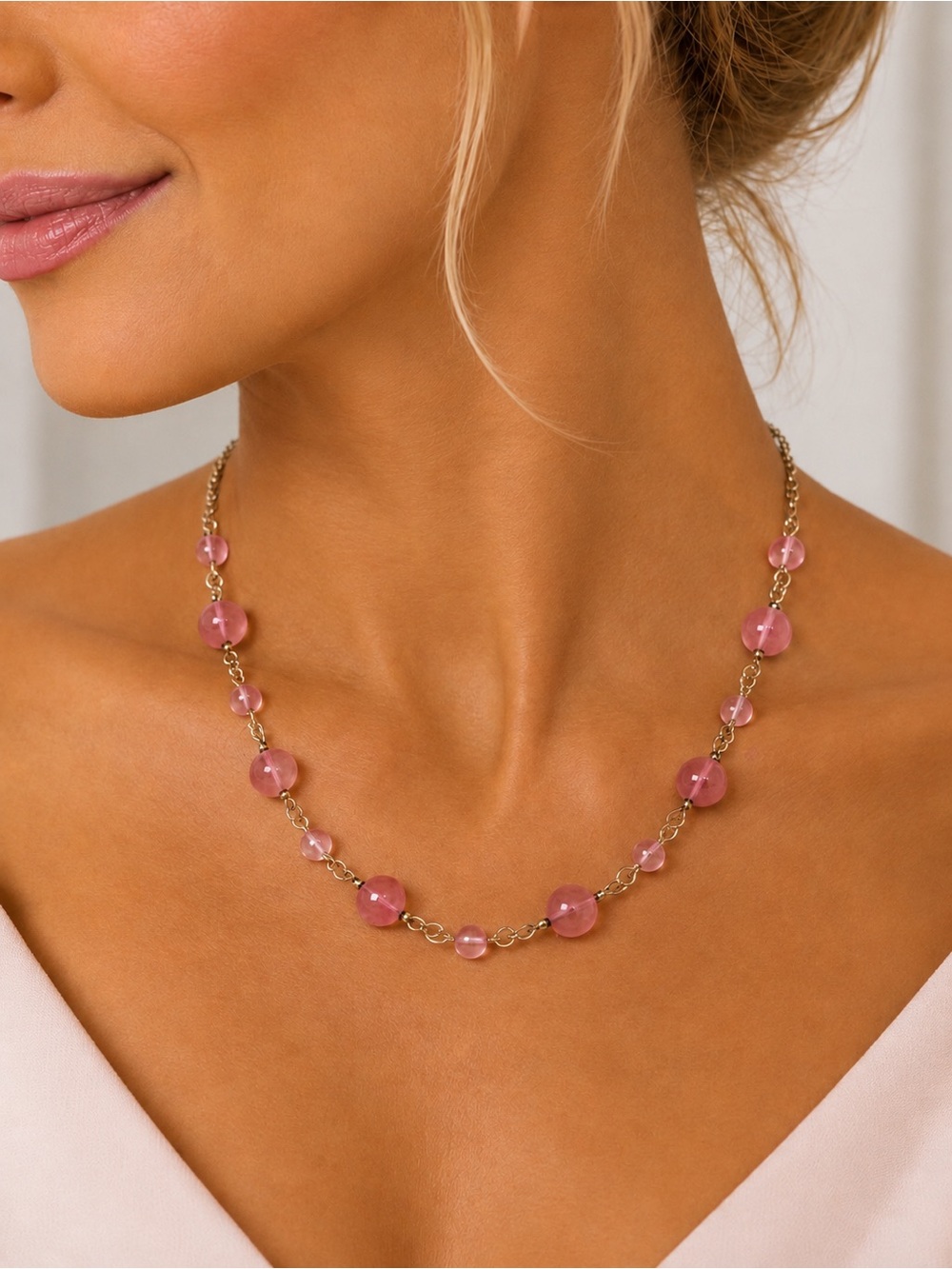 Pink Agate Gemstone Gold Necklace 18”